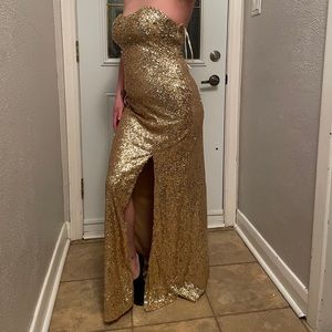 Gold Shimmery Gem Beaded Prom Dress